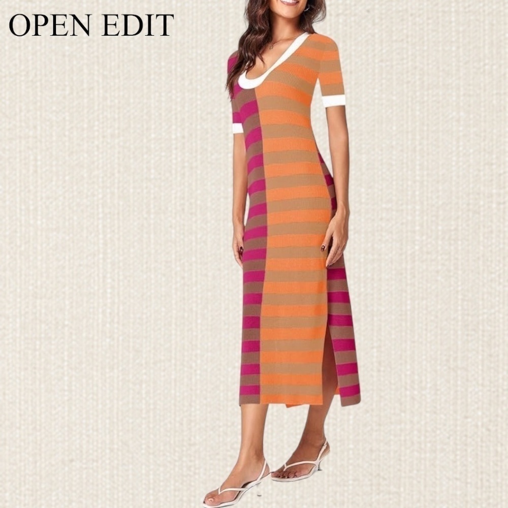 OPEN EDIT Striped ColorBlock Short Sleeve Scoop Neck Sweater Midi Dress NWT/MD - Picture 4 of 14